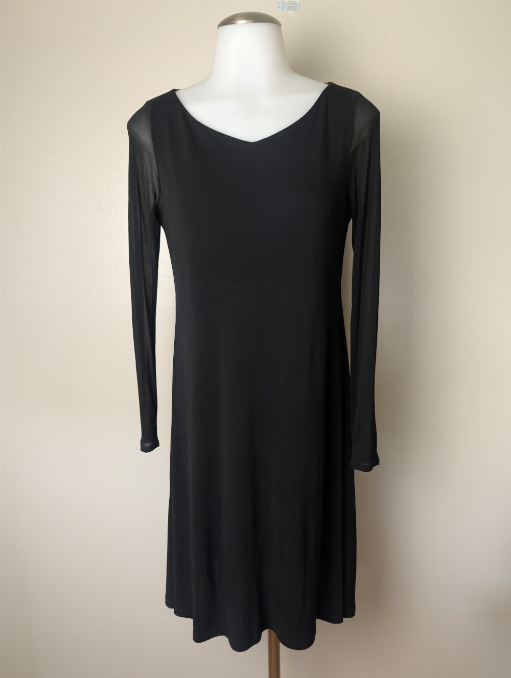 Eileen Fisher 100% Silk A Line Black Dress Knee Length Sheer Sleeve Petite Small